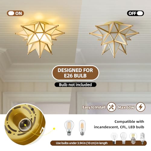Image of Moravian Star Ceiling Light - 12.7 inch Brass & Frosted Milk Glass, Gold