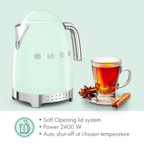 Image of SMEG Variable Temperature Electric Kettle 1.7L (7 Cup), Stainless Steel Tea & Coffee Kettle, Fast Boil, Adjustable Temp 122F-212F, Keep Warm, Auto Shut-Off, 360 Base, Retro Style-Pastel Green