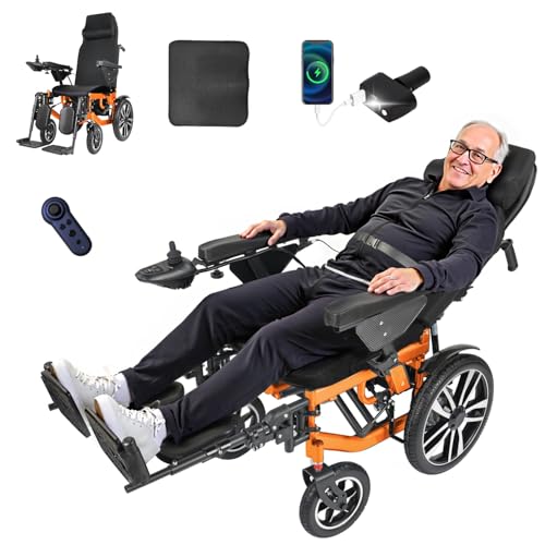 Reclining Electric Wheelchair for Adult, Foldable Travel Power Chair, 600W Powerful Motor,26Ah Big Battery, Strong Obstacle-Crossing Ability,Remotely Operated, Latex Soft Cushion, LED Light (Orange)