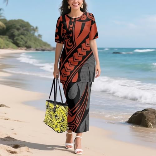 Image of Puletasi Samoan Traditional 2 Piece Outfits for Women Short Sleeve Crop Top and Maxi Skirt Sets Puletasi Dress