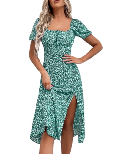 SPRIME Women's Floral Summer Casual Dress Square Neck Puff Sleeve