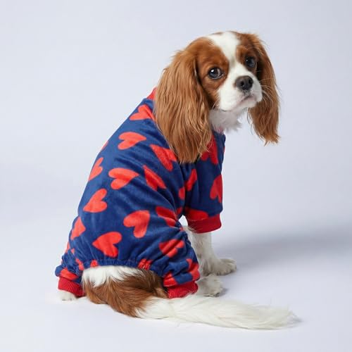 Image of Fitwarm Valentines Day Sweet Hearts Dog Pajamas, Dog Winter Clothes for Small Dogs Girl Boy, Lightweight Velvet Pet Jumpsuit, Cat Onesie, Dark Blue, Red, Large