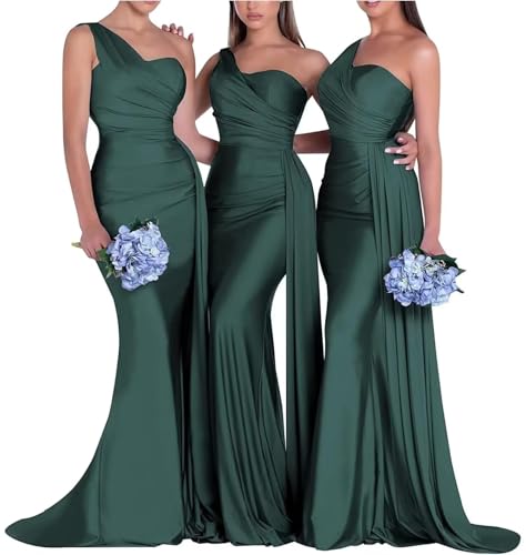 Image of One Shoulder Bridesmaid Dresses for Wedding Long Satin Bodycon Prom Dress Mermaid Formal Evening Gowns