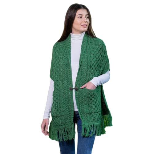 Image of SAOL 100% Merino Wool Shawl /Poncho Sweater /Open Cardigan /Wool Cape with Pockets with Fringe Trim and Trinity Knot Button