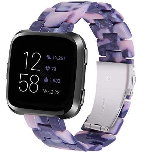 Miimall Compatible Fitbit Versa/Versa 2/Versa Lite/SE Band Resin Women Men Stylish Stainless Steel Metal Clasp Bracelet Bands Straps for Fitbit Versa/Versa 2/Versa Lite/SE(Violet Pink)
