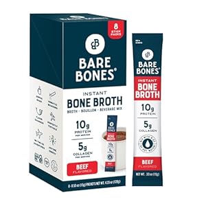 Bare Bones Beef Bone Broth Instant Powdered Mix | Rich Savory Packets on-the-Go No Artificial Flavors | 100% Grass Fed Keto & Paleo Friendly | 10g Protein | 8 Pack