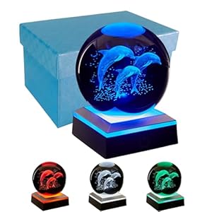 3.15 inch Dolphin Crystal Ball Lamp, 3D Crystal Night Light with LED Colorful Lighting Touch Base, Dolphin Model Lamp, Home Room Decor, Gift Box Packaging (Dolphin)