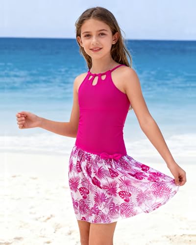 Image of Redair Girls Swimsuit One Piece Swimwear with Tropical Printed Cover Up Skirt Girls Bathing Suits Set 7-16 Years