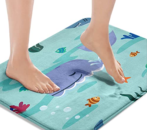 Britimes Blue Bath Mat,Cartoon Whales and Shark Bathroom Rugs No Silp,Cute Kid Washable Cover Floor Rug Carpets Floor Mat 16x24 Inches for Kitchen Bedroom