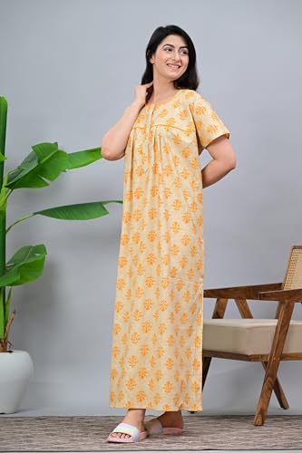 Image of DIAMO Pure Cotton Designer Nighty for Women | Night Gown | Nightdress | Maxi Nighty | Sleepwear | Jaipuri Nighty | Nighties | Cotton Night Gown for Women /Girls with Jaipuri Block Print
