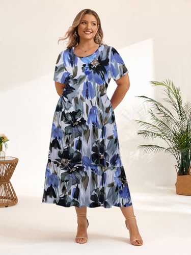 Image of LARACE Plus Size Dresses for Women Summer Casual Short Sleeve Long Dress Flowy Maxi Beach Dresses with Pockets L-6XL