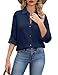 CMTOP Camisa Mujer Oversize Blusas Manga Larga Cuello en V Elegantes Camiseta con Botón Otoño Primavera Algodón Casual Suelta T Shirts (Azul Marino, M)