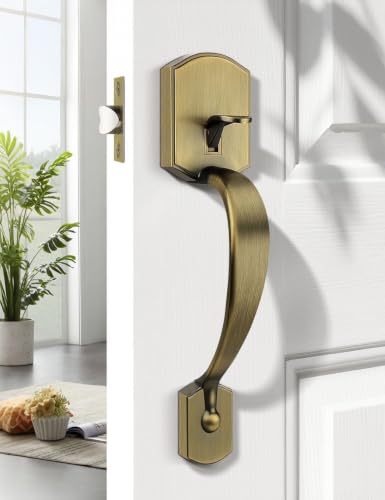 Image of Tinewa Antique Brass Front Door Handle,Upgated Entry Door Handle with Accent Wave Door Lever,Single Cylinder Front Door Handleset for Home Security