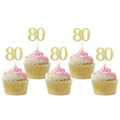 Sotpot 30 Pack Gold Glitter 80th Birthday Cupcake Toppers Cheers to 80 Years Cupcake Picks for 80th Celebration Anniversary Party Decorations