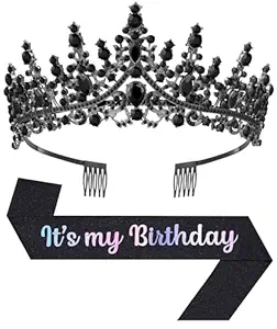 Birthday Tiara and Crown with Sash, Birthday Tiara for Women Party (Black)