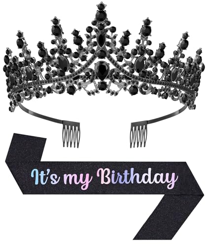 Birthday Tiara and Crown with Sash, Birthday Tiara for Women Party (Black)