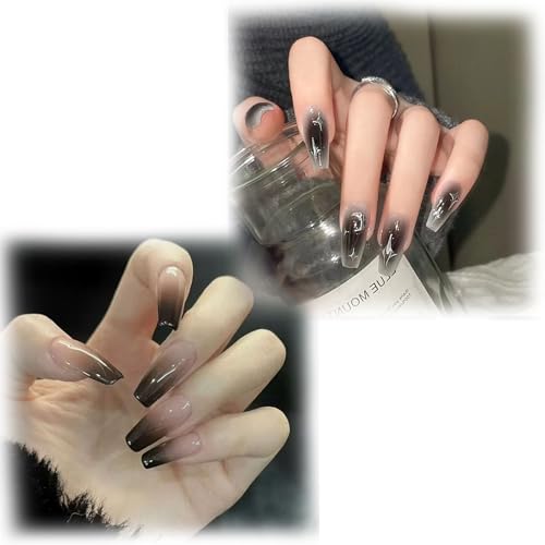 2 Boxes of 48 Pieces Press On Nails, Fake Nails for Women Moon Star Black Gradient Design, Nail Extensions Kit With 8 Tools, Easy to Apply for Party Wedding Special Occasion