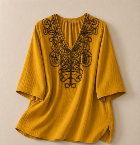 Image of RIEKA Womens Tunic Top with Floral Embroidery V Neck 3 /4 Sleeve Relaxed Fit Casual Ethnic Fusion Top Lightweight Sheer Fabric Everyday Wear for Women
