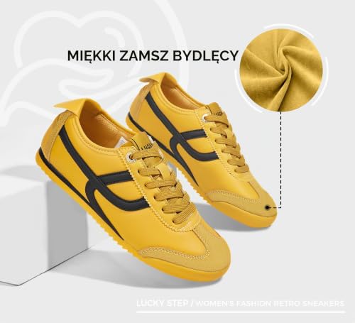 LUCKY STEP Damskie retro modne trampki cienka podeszwa codzienne chodzenie lekkie tenisówki do biegania na siłowni trening klasyczne wygodne buty sportowe, ŻÓŁTY, 42 EU