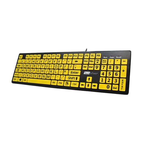 TechSilver Large Print Keyboard – High Contrast Yellow on Black – Wired USB for Visually Impaired & Seniors - UK Layout