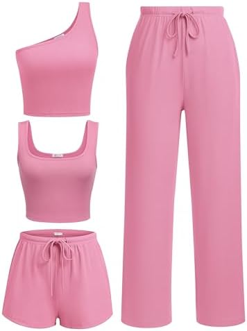 Ekouaer Womens 4 Piece Lounge Sets Ribbed Knit Crop Tank Top and ...