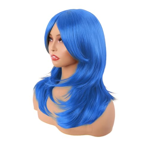 Image of MapofBeauty 20 Inch /50 cm Long Layered With Bangs Straight Synthetic fiber Shoulder Length Hair Party Wig (Bright Blue)