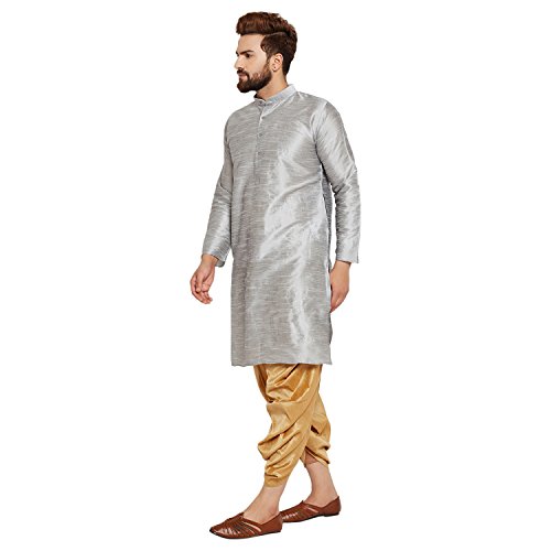 Image of SOJANYA (Since 1958 Men's Off-White and Gold Dupion Silk Dhoti Kurta Set
