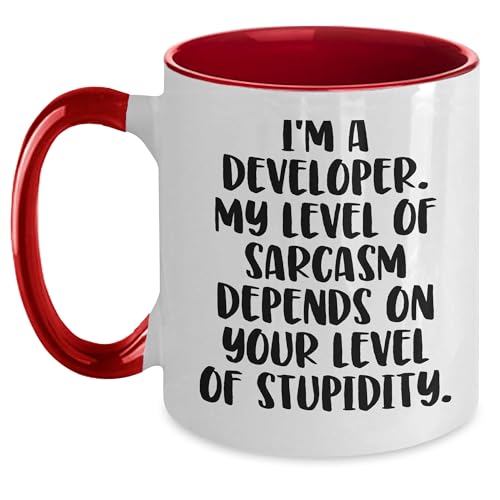 Funny Developer Gifts: I'm A Developer. My Level Of Sarcasm Depends On Your Level Of Stupidity. Two Tone Coffee Mug for Christmas