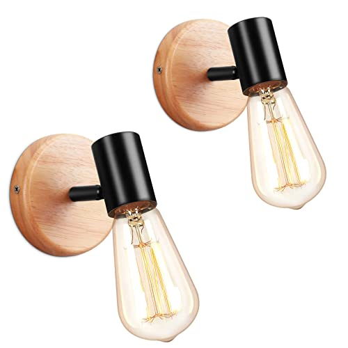 Lots de 2 Applique Murale Interieur Vintage E27 Lampe Murale Industrielle en Métal Applique Murale Bois Rotative Lampe de Mur Noir pour Salon Chambre Cuisine...