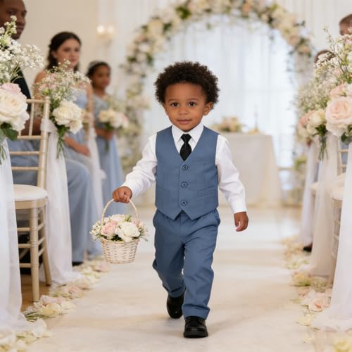 Image of Baby Boy Formal Suit for Toddler Infant Tuxedo Dress Suits | Little Gentleman, Wedding Ring Bearer Outfit, Vest Pants Long-Sleeve Shirt Tie, Birthday Party Christmas Prom, Classic