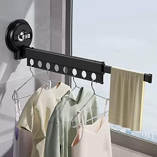 Portable Foldable Clothes Drying Rack, Wall-Mounted Suction Cup Design, Space-Saving Laundry Dryer with Towel Bar, Adjustable 81.5-129.5cm, Black