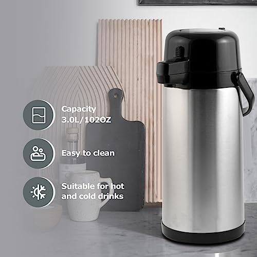 Airpot Coffee Carafe With Tea Filter - TOMAKEIT 3L(102 Oz) Insulated Stainless Steel Large Thermal Beverage Dispenser- Insulated Coffee Thermal - Pump Action Airpot for Hot/Cold Water - Thumbnail 3