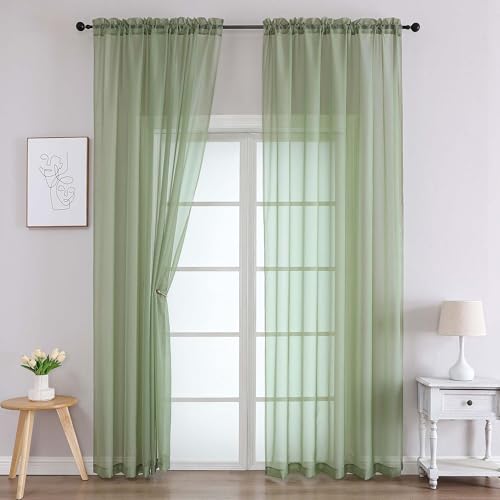 Image of Chyhomenyc Sage Green Sheer Curtains 96 Inches Long 2 Panels, Light Filtering Green Curtains for Living Room, Soft Gentle Voile Rod Pocket Bedroom Window Drapes, 59Wx96L Inch, 2PCS