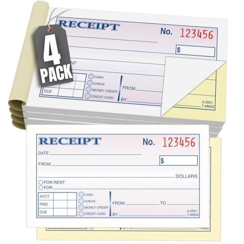 1InTheOffice Money Rent Receipt Book, 2 Part Carbonless, 2.75" x 4.78", 250 Sheets/Book, 4 Pack