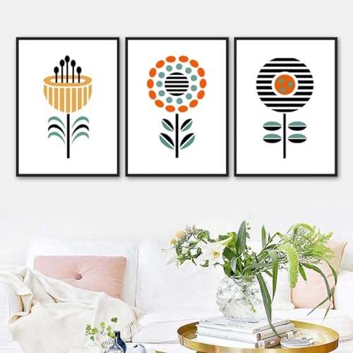 Toile art géométrique fleurs pour une décoration zen et minimaliste de salon x3