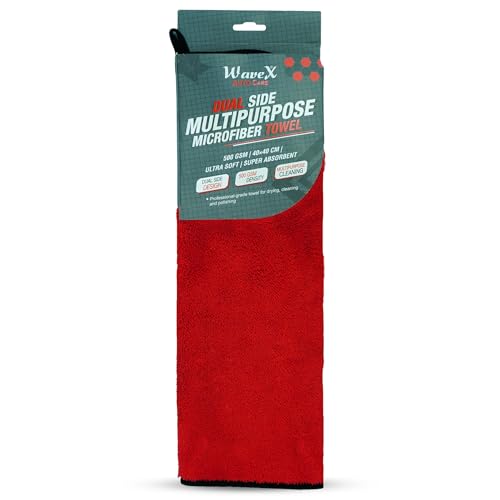Image of WaveX Dual Side Multipurpose Microfiber Towel 500 GSM - Ultra Soft, Super Absorbent Car Cleaning Cloth | 40x40 cm, Scratch-Free, Thick Microfiber for Car, Bike & Home