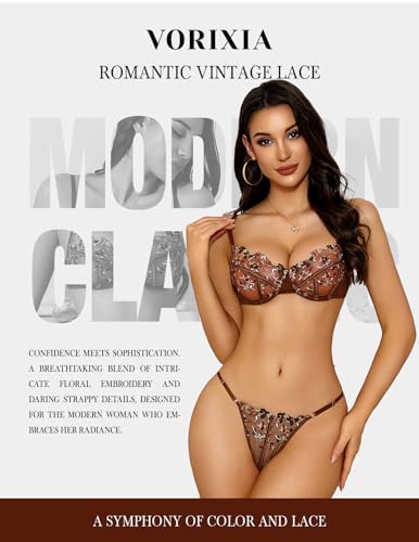 Image of Lingerie Sexy Bra and Panty Set for Women See Through Sheer Underwear Cute Exotic Floral Embroidery Babydoll Set
