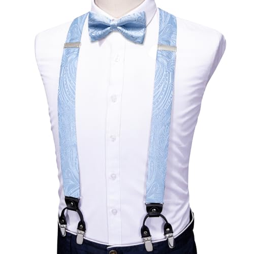Image of YOHOWA Men Suspenders 6 Clips Strength Adjustable Y Braces Pre-Tied Bow Tie Set Formal Wedding Party