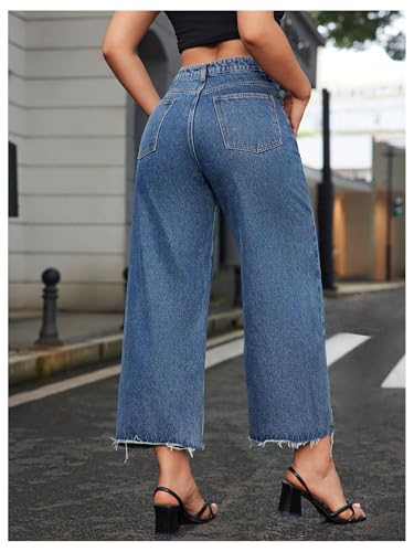 Floerns Women's High Waist Raw Hem Denim Pants Wide Leg Jeans with Pockets2