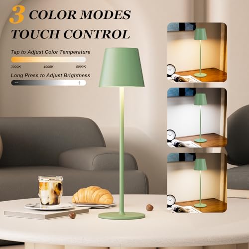 Image of Kakanuo Cordless Table Lamp Rechargeable Green - KK 2 Pack 5000mAH Battery Operated Lamp for Dining Table, 3 Color Stepless Dimming Wireless Lamp for Counter, Outdoor Patio, Touch Control