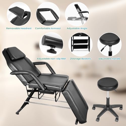 CETIVENO Massage Table Tattoo Chair, Adjustable Folding Salon Bed for Massage, Multipurpose Massage Bed Lash Bed with 2 Tier Storage Rack, 24.8\" H X 70.8\" L,Black - Thumbnail 6