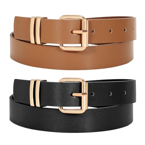 JASGOOD 2 Pack Women Belts for Jeans Ladies Leather Waist Belt for Pants Dresses with Gold Buckle