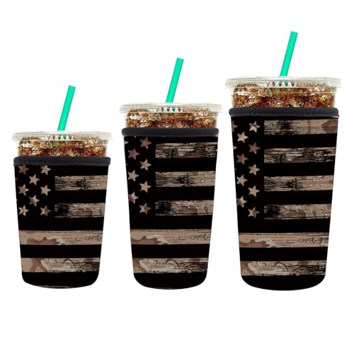 Image of 3 Pack Reusable Neoprene Insulator Sleeve for Iced Coffee Cups, Funny Coffee Cup Sleeves for 16-32oz Coffee cups, Cute Drink Sleeve for Cold Hot Beverages Cute Flag