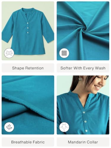 Image of SAADAA Women Short Kurti Airy Linen Regular Fit Kurta with 3 /4th Sleeves, Mandarin Collar, Side Slit Perfect for Casual, Formal, and Ethnic Wear