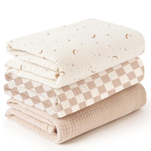 Image of Konssy 3 Pack Muslin Swaddle Blankets for Unisex, Newborn Receiving Blanket, Large 47 x 47 inches, Soft Breathable Muslin Baby Swaddles for Boys & Girls