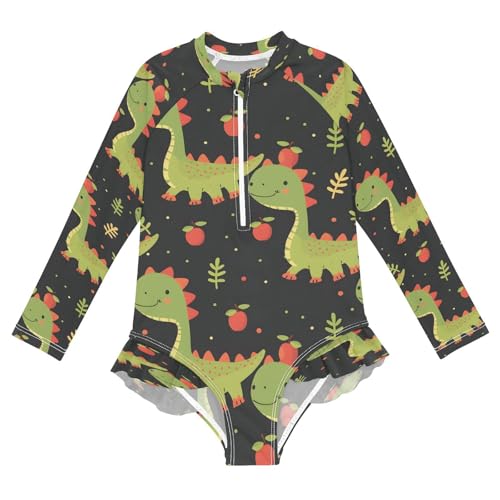 Dinosaur Fruit Girls Long Sleeve Swimsuits One Piece Zipper Bathing Suit UPF 50+ Rashguard Swimwear