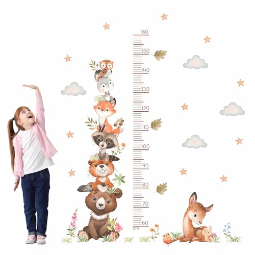 Kinder Höhe Diagramm Wandtattoo Tiere, 60-160 cm Körpergröße Klebe Messlatte, Wasserdicht Waldtiere Größenmesser, Wandbild Wandaufkleber Höhenmesser, Größen Messlatten für Baby- & Kleinkinderzimmer