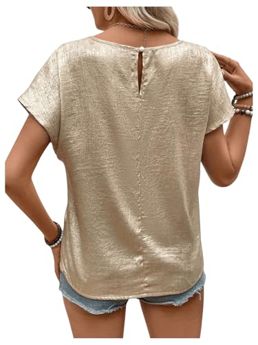 MakeMeChic Women's Elegant Metallic Tops Short Sleeve Round Neck Blouses3