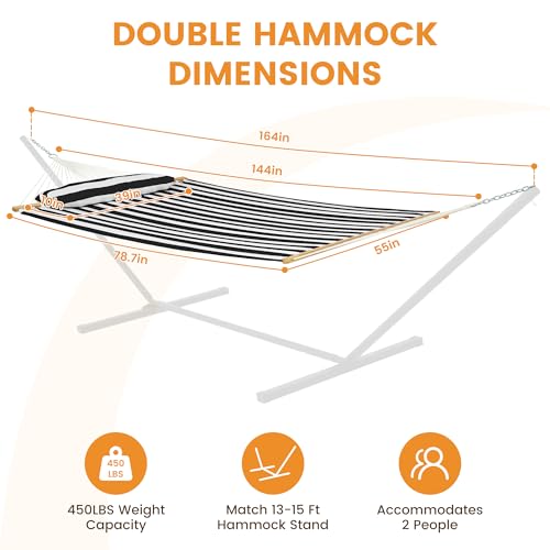 Image of Lazy Daze Hammocks 12FT Quilted Fabric Double Hammock with Spreader Bars and Detachable Pillow, 2-Person for Outside Patio Poolside Backyard Beach, 450 lbs Capacity, Black White