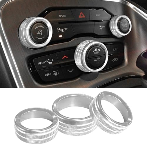 Tecledsn 3PCS Air Conditioner Switch Button Knob Cover, Aluminum Alloy Knob Ring Trim Cover, Climate Control Knob Covers, Auto Accessories Compatible with Dodge Challenger Durango 2015-2022 (Silver)